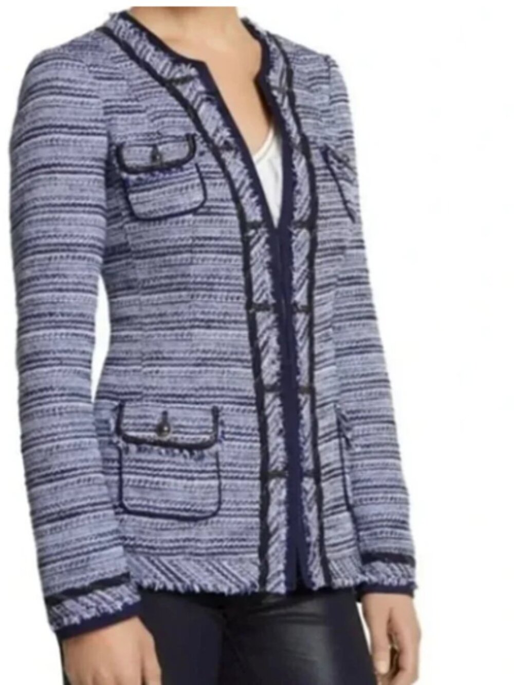 White House Black Market Blue Tweed Fringe Chain Embellished Jacket Size 6
